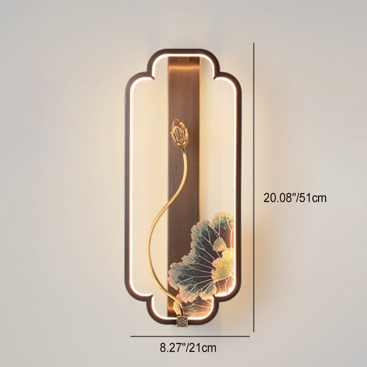Traditionelle chinesische Lotus Rechteck Fisch Holz Bronze LED Wandleuchte für Wohnzimmer 