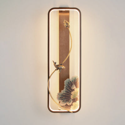 Lampe murale LED en bronze et bois avec poisson en rectangle de lotus chinois traditionnel pour salon 