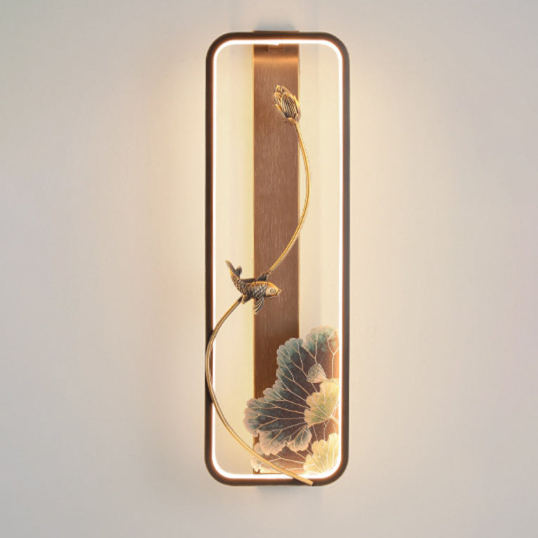 Lampe murale LED en bronze et bois avec poisson en rectangle de lotus chinois traditionnel pour salon 