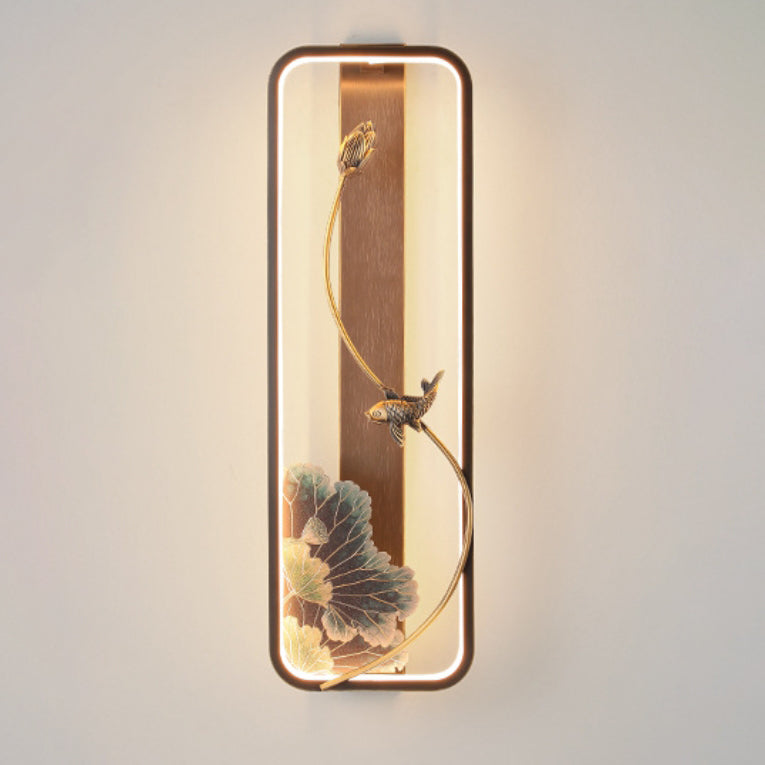 Lampe murale LED en bronze et bois avec poisson en rectangle de lotus chinois traditionnel pour salon 