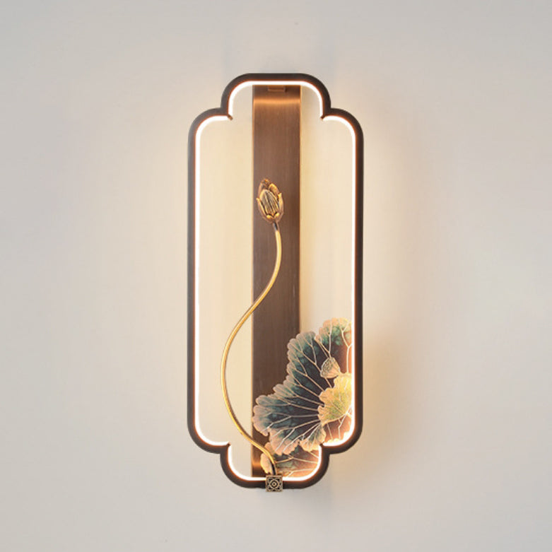 Traditionelle chinesische Lotus Rechteck Fisch Holz Bronze LED Wandleuchte für Wohnzimmer 