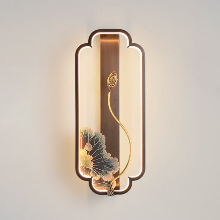 Traditionelle chinesische Lotus Rechteck Fisch Holz Bronze LED Wandleuchte für Wohnzimmer 