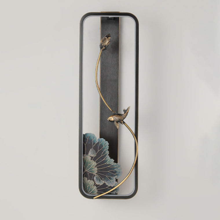 Traditionelle chinesische Lotus Rechteck Fisch Holz Bronze LED Wandleuchte für Wohnzimmer 