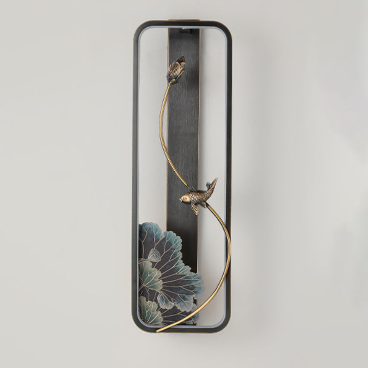 Traditionelle chinesische Lotus Rechteck Fisch Holz Bronze LED Wandleuchte für Wohnzimmer 