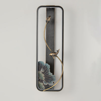 Lampe murale LED en bronze et bois avec poisson en rectangle de lotus chinois traditionnel pour salon 