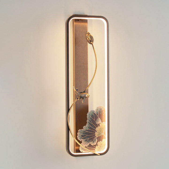 Traditionelle chinesische Lotus Rechteck Fisch Holz Bronze LED Wandleuchte für Wohnzimmer 