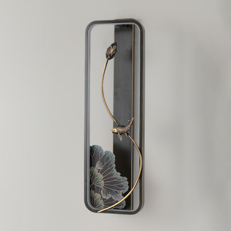 Traditionelle chinesische Lotus Rechteck Fisch Holz Bronze LED Wandleuchte für Wohnzimmer 