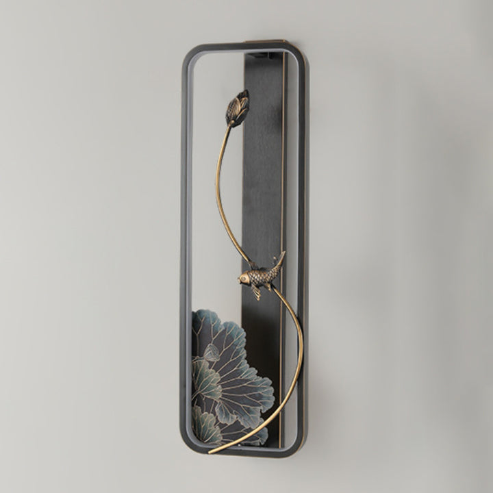 Traditionelle chinesische Lotus Rechteck Fisch Holz Bronze LED Wandleuchte für Wohnzimmer 