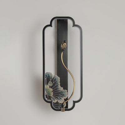 Lampe murale LED en bronze et bois avec poisson en rectangle de lotus chinois traditionnel pour salon 