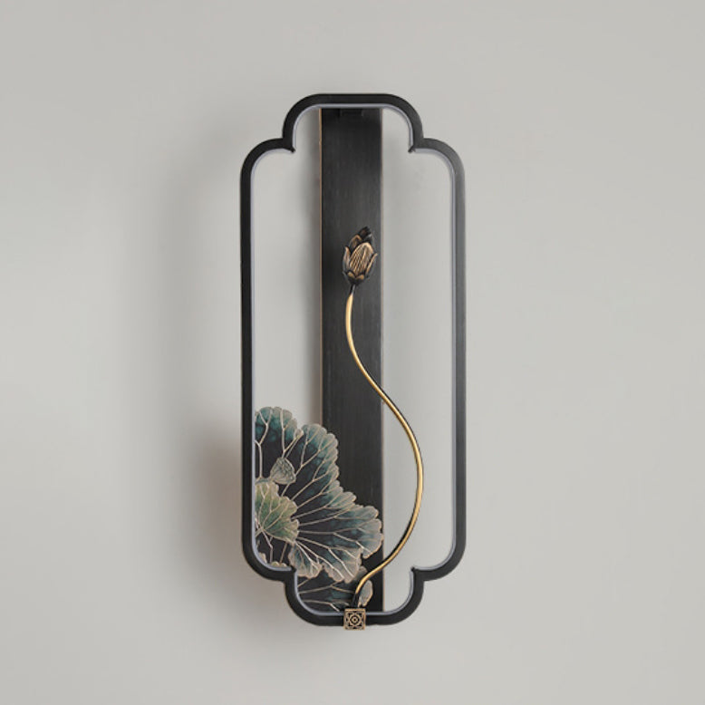 Lampe murale LED en bronze et bois avec poisson en rectangle de lotus chinois traditionnel pour salon 
