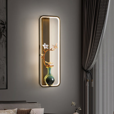 Traditionelle chinesische Orchideenblatt-Rechteck-Zinklegierung-Kupfer-LED-Wandleuchte für Wohnzimmer 