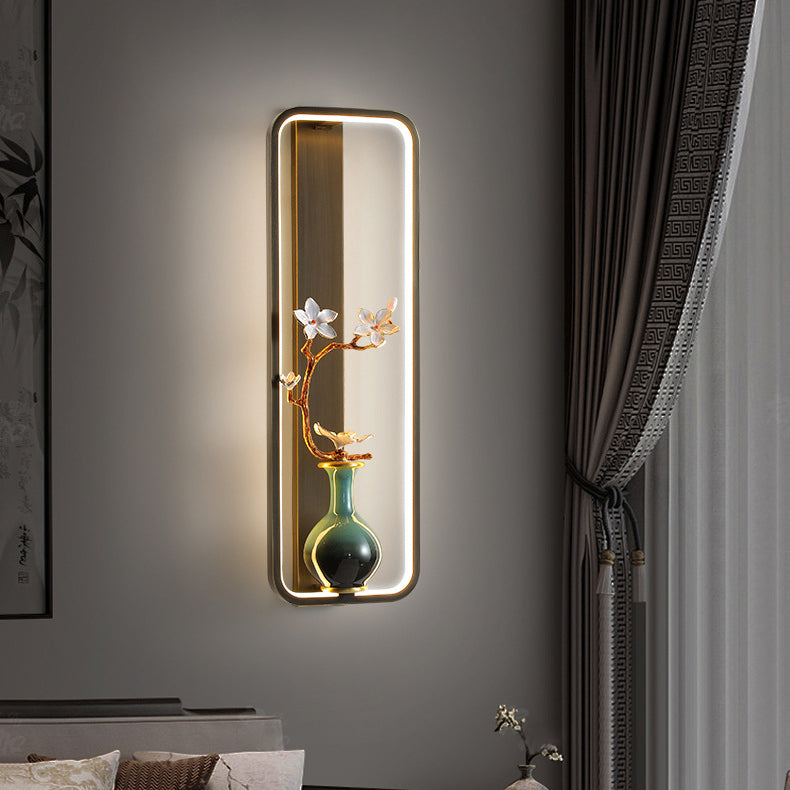 Traditionelle chinesische Orchideenblatt-Rechteck-Zinklegierung-Kupfer-LED-Wandleuchte für Wohnzimmer 