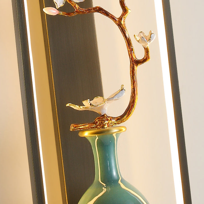 Traditionelle chinesische Orchideenblatt-Rechteck-Zinklegierung-Kupfer-LED-Wandleuchte für Wohnzimmer 
