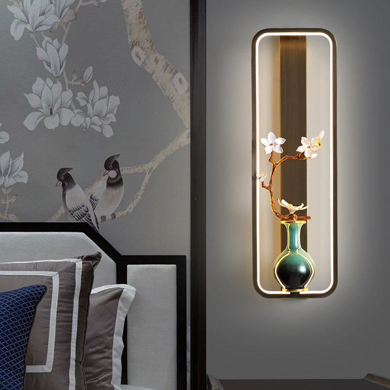 Traditionelle chinesische Orchideenblatt-Rechteck-Zinklegierung-Kupfer-LED-Wandleuchte für Wohnzimmer 