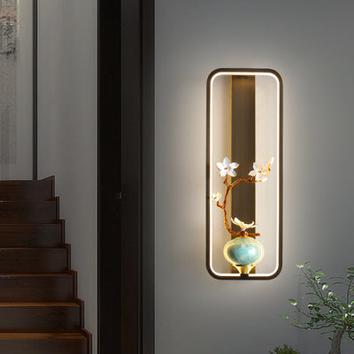 Traditionelle chinesische Orchideenblatt-Rechteck-Zinklegierung-Kupfer-LED-Wandleuchte für Wohnzimmer 
