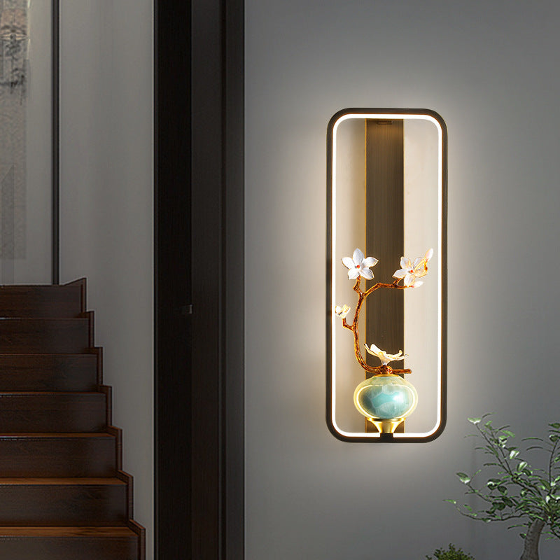 Traditionelle chinesische Orchideenblatt-Rechteck-Zinklegierung-Kupfer-LED-Wandleuchte für Wohnzimmer 