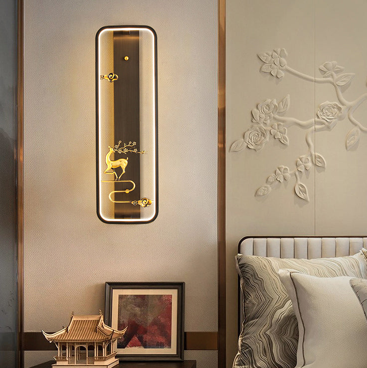 Traditionelle chinesische Hirschplatzglasjade Kupfer LED Wandleuchte für Wohnzimmer 