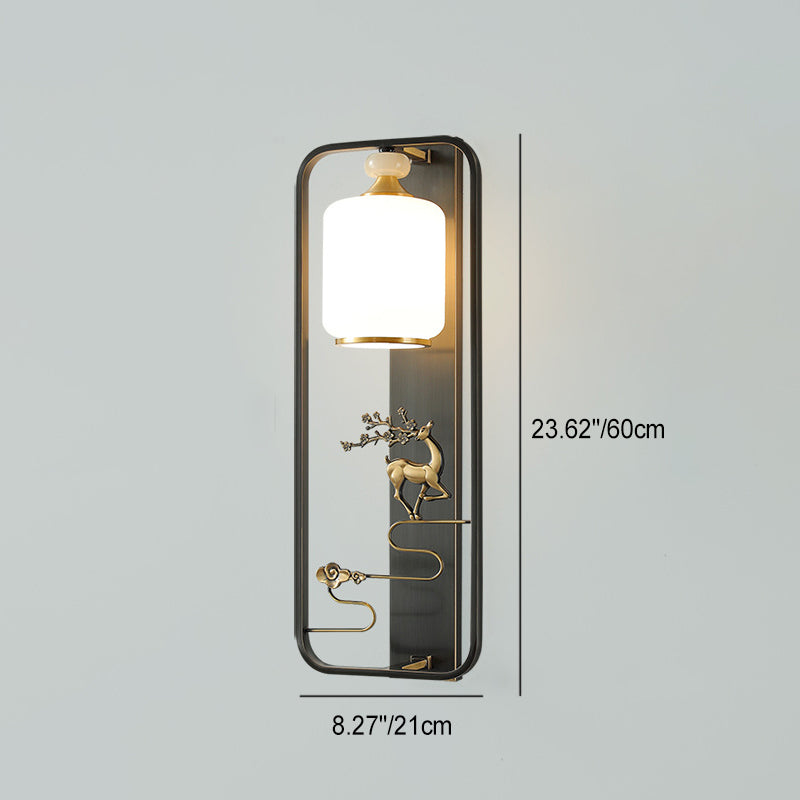 Traditionelle Chinesische Zylinder Quadrat Hirsch Blume Glas Jade Messing 1-Licht Wandleuchte für Wohnzimmer 