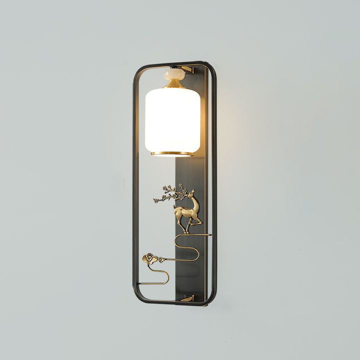 Traditionelle Chinesische Zylinder Quadrat Hirsch Blume Glas Jade Messing 1-Licht Wandleuchte für Wohnzimmer 