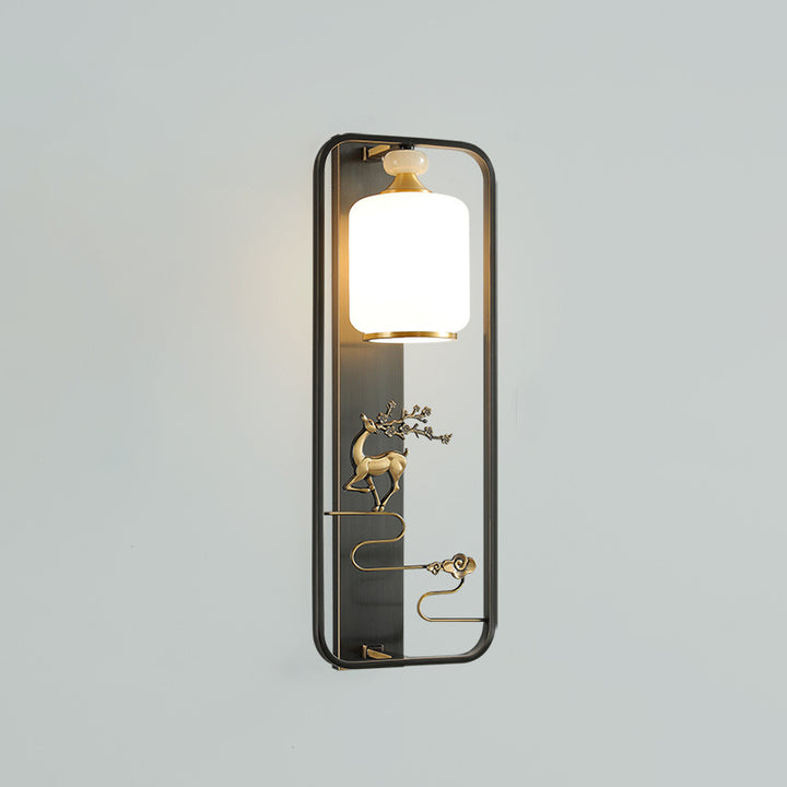 Traditionelle Chinesische Zylinder Quadrat Hirsch Blume Glas Jade Messing 1-Licht Wandleuchte für Wohnzimmer 