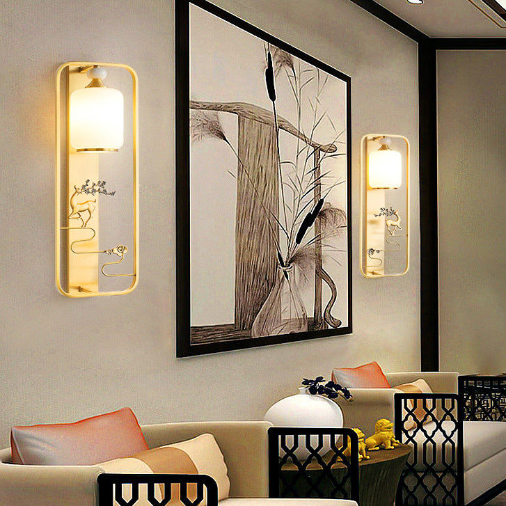 Traditionelle Chinesische Zylinder Quadrat Hirsch Blume Glas Jade Messing 1-Licht Wandleuchte für Wohnzimmer 