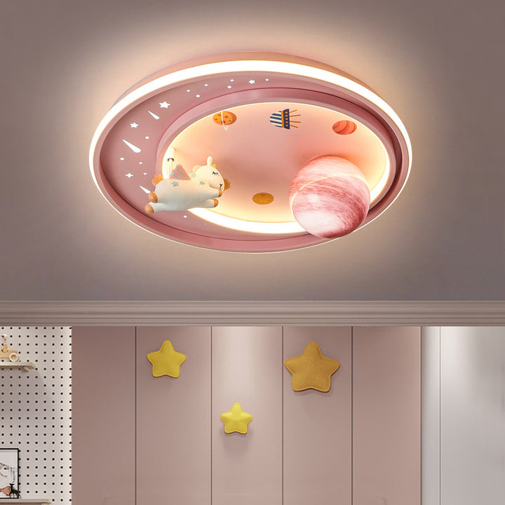 Moderne Art Deco Kinder Einhorn Planet Runde Acryl Eisen LED Deckenleuchte für Schlafzimmer 