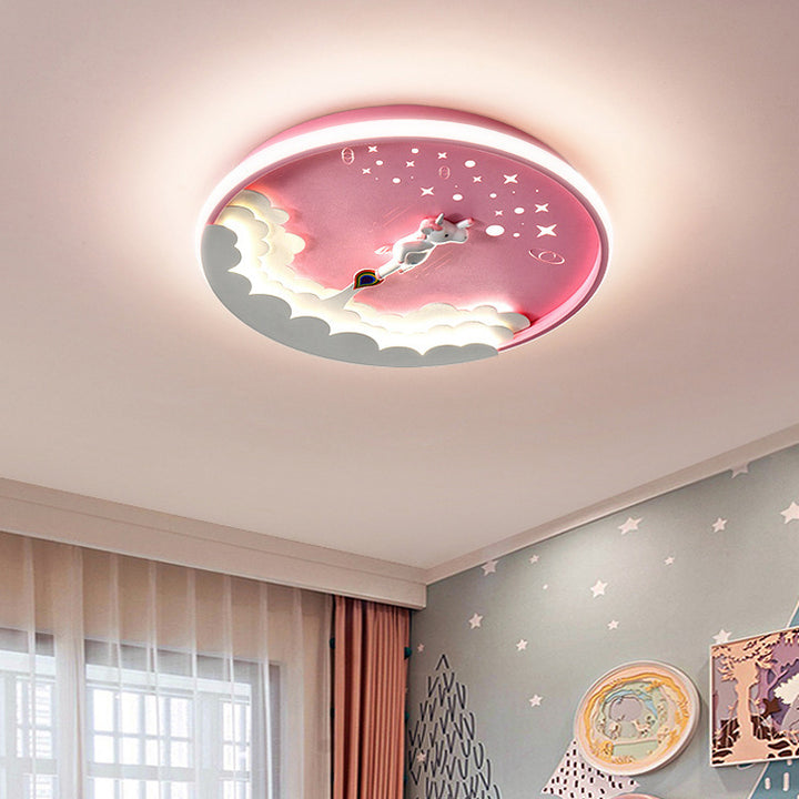 Luz de techo LED empotrada de silicona redonda con diseño moderno Art Deco de unicornio y cohete para habitación infantil en la sala de estar 