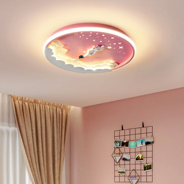 Luz de techo LED empotrada de silicona redonda con diseño moderno Art Deco de unicornio y cohete para habitación infantil en la sala de estar 