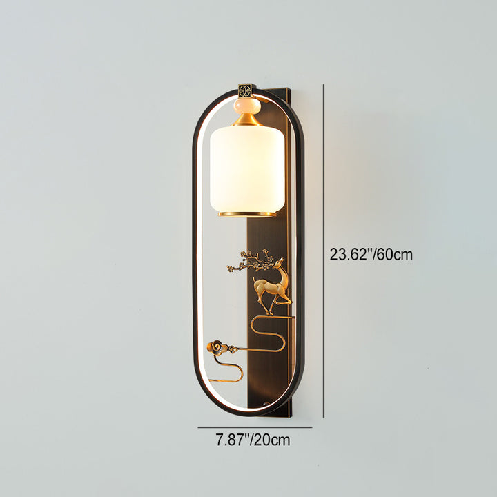 Lámpara de Aplique de Pared de LED de Latón con Vidrio Ovalado de Cilindro de Ciervo Chino Tradicional para Sala de Estar 