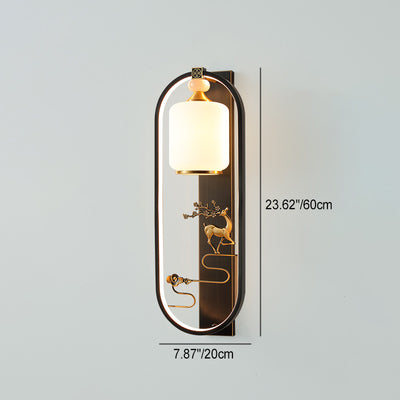 Traditionelle chinesische Zylinder-Ovalglas-Jade-Messing-LED-Wandleuchte für das Wohnzimmer 