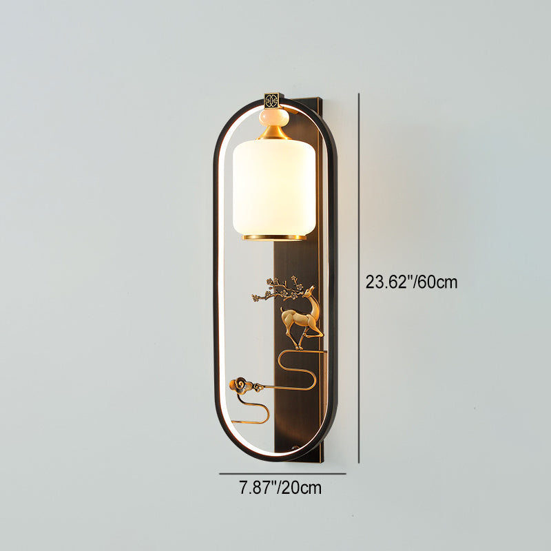 Traditionelle chinesische Zylinder-Ovalglas-Jade-Messing-LED-Wandleuchte für das Wohnzimmer 