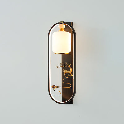 Traditionelle chinesische Zylinder-Ovalglas-Jade-Messing-LED-Wandleuchte für das Wohnzimmer 