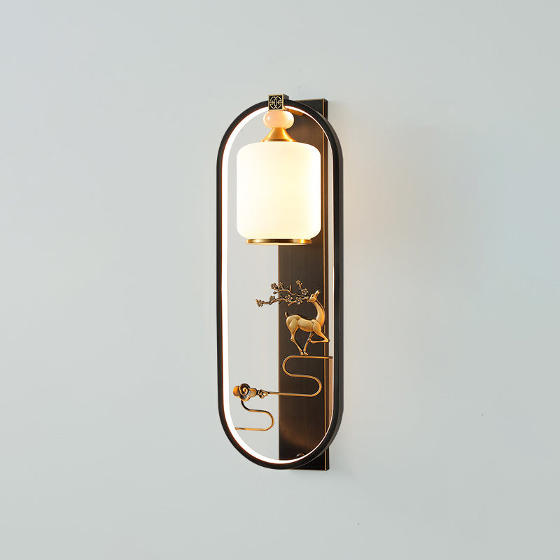 Traditionelle chinesische Zylinder-Ovalglas-Jade-Messing-LED-Wandleuchte für das Wohnzimmer 