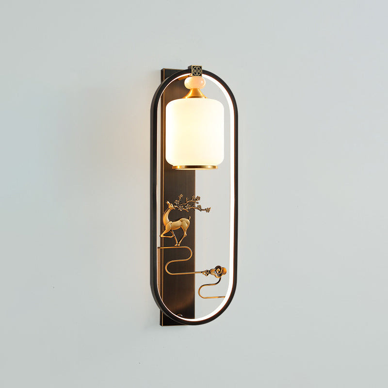 Traditionelle chinesische Zylinder-Ovalglas-Jade-Messing-LED-Wandleuchte für das Wohnzimmer 