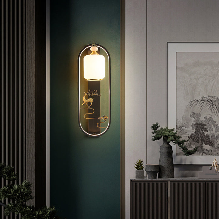 Lámpara de Aplique de Pared de LED de Latón con Vidrio Ovalado de Cilindro de Ciervo Chino Tradicional para Sala de Estar 