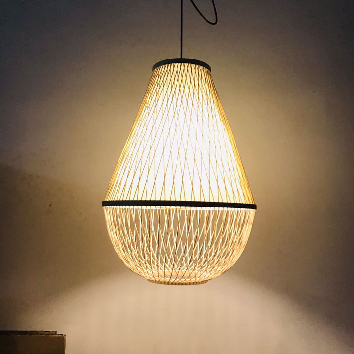 Traditionelle Vintage Runde Kegel Ausschnitt Bambus 1-Licht Pendelleuchte für Wohnzimmer 