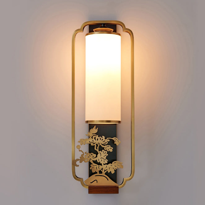 Traditionelle chinesische Zylinder Quadrat Blume Hirsch Glas Eisen 1-Licht Wandleuchte für Wohnzimmer 