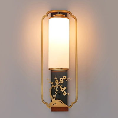 Traditionelle chinesische Zylinder Quadrat Blume Hirsch Glas Eisen 1-Licht Wandleuchte für Wohnzimmer 