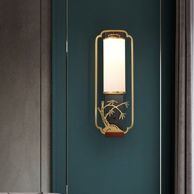 Traditionelle chinesische Zylinder Quadrat Blume Hirsch Glas Eisen 1-Licht Wandleuchte für Wohnzimmer 