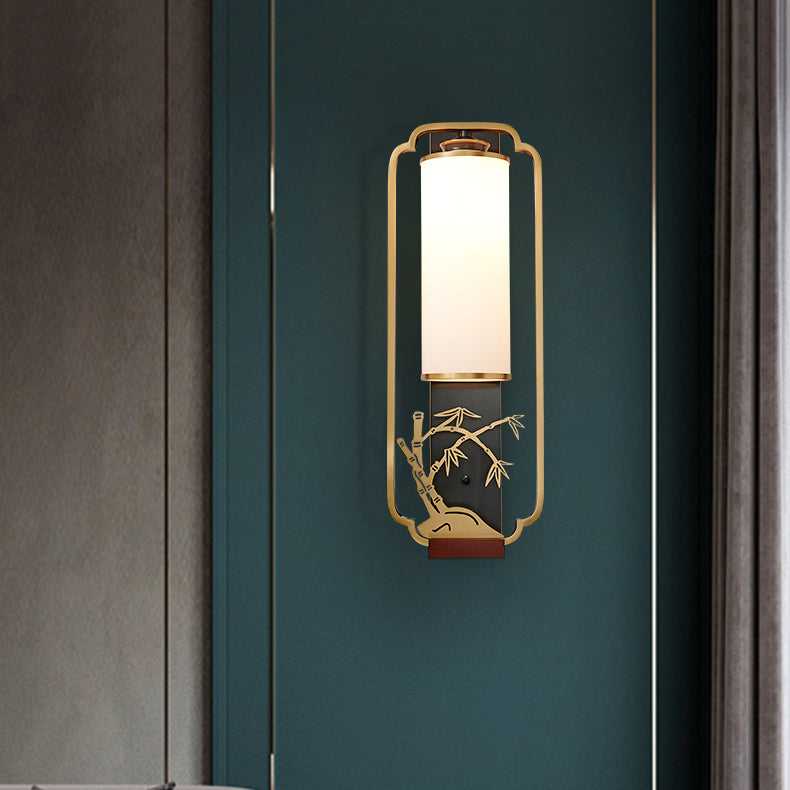 Traditionelle chinesische Zylinder Quadrat Blume Hirsch Glas Eisen 1-Licht Wandleuchte für Wohnzimmer 