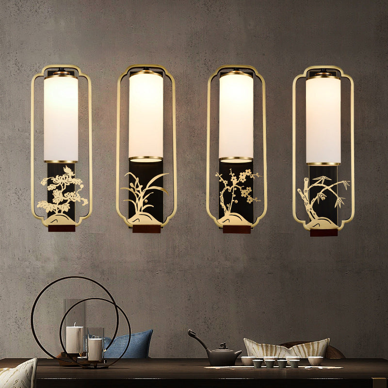 Traditionelle chinesische Zylinder Quadrat Blume Hirsch Glas Eisen 1-Licht Wandleuchte für Wohnzimmer 