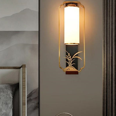 Traditionelle chinesische Zylinder Quadrat Blume Hirsch Glas Eisen 1-Licht Wandleuchte für Wohnzimmer 