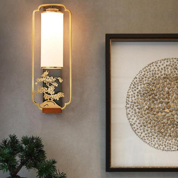 Traditionelle chinesische Zylinder Quadrat Blume Hirsch Glas Eisen 1-Licht Wandleuchte für Wohnzimmer 