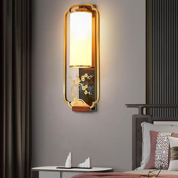 Traditionelle chinesische Zylinder Quadrat Blume Hirsch Glas Eisen 1-Licht Wandleuchte für Wohnzimmer 