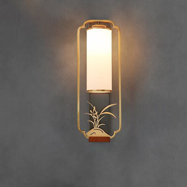 Traditionelle chinesische Zylinder Quadrat Blume Hirsch Glas Eisen 1-Licht Wandleuchte für Wohnzimmer 