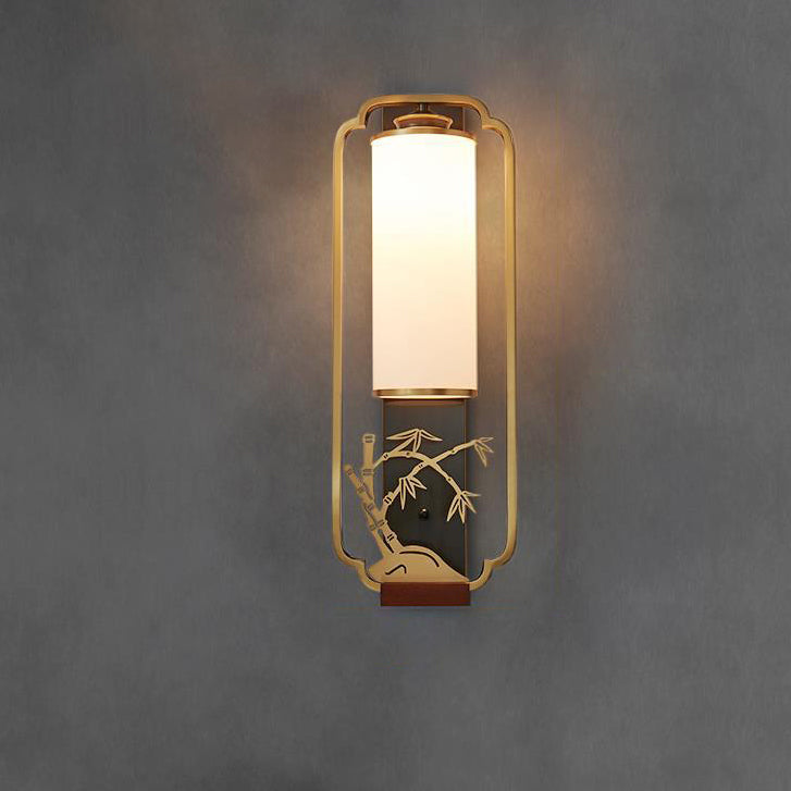 Traditionelle chinesische Zylinder Quadrat Blume Hirsch Glas Eisen 1-Licht Wandleuchte für Wohnzimmer 