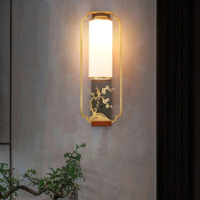 Traditionelle chinesische Zylinder Quadrat Blume Hirsch Glas Eisen 1-Licht Wandleuchte für Wohnzimmer 