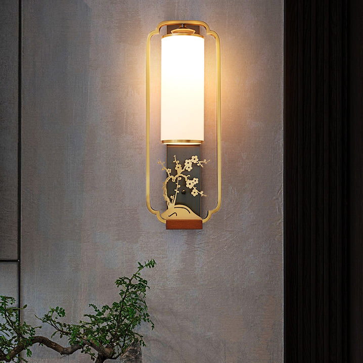 Traditionelle chinesische Zylinder Quadrat Blume Hirsch Glas Eisen 1-Licht Wandleuchte für Wohnzimmer 