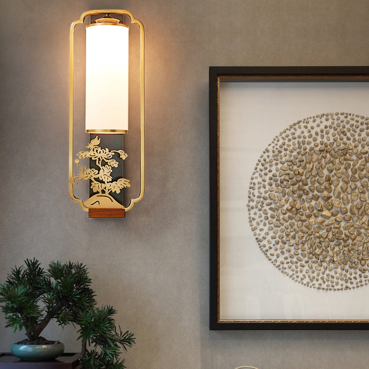 Traditionelle chinesische Zylinder Quadrat Blume Hirsch Glas Eisen 1-Licht Wandleuchte für Wohnzimmer 