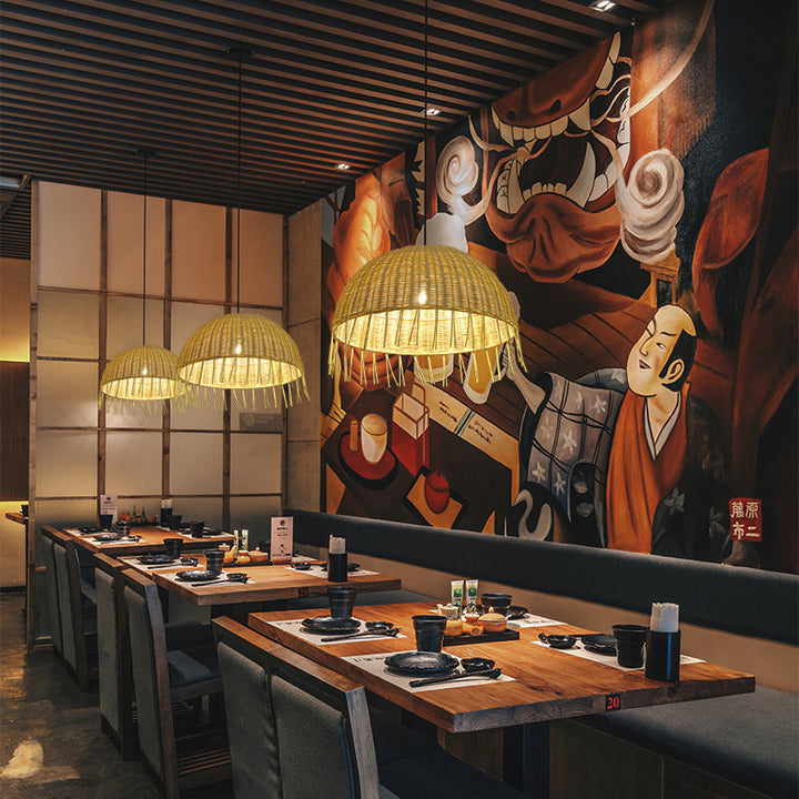 Traditionelle japanische Halbkreiszweig-Erdbeereisen 1-Licht Pendelleuchte für Wohnzimmer 